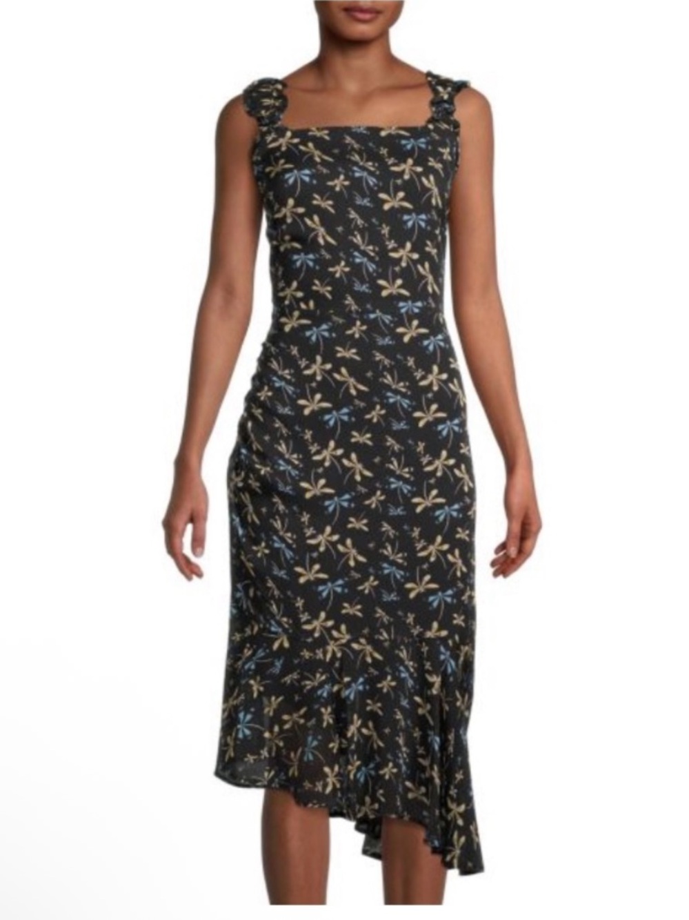 Sam Edelman Dragonfly Print Ruched Asymmetric Midi Dress Size 6